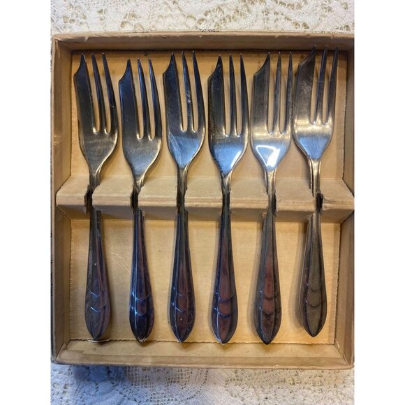 Set 6 Pastry Forks Sheffield England Silver Plated In Original Box Vintage LOXLE - Picture 2 of 6